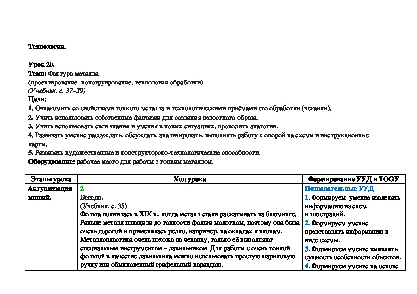 Тема: Фактура металла (проектирование, конструирование, технологии обработки) (Учебник, с. 37–39)