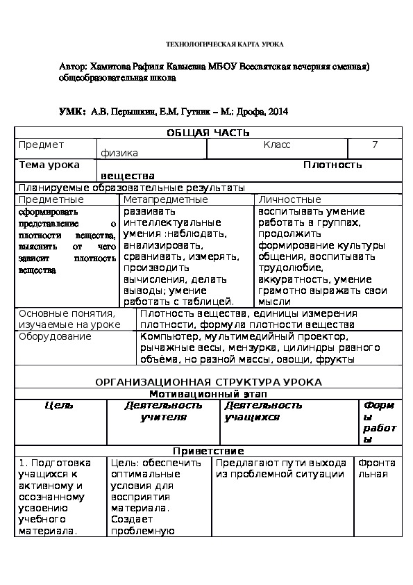 Обложка для материала Технологическая карта урока физики по теме "Плотность вещества"