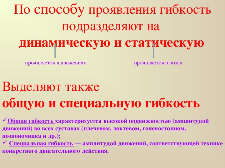 Способы проявления. По способу проявления гибкость подразделяют. Общая и специальная гибкость. Динамическая и статическая гибкость. Способы проявления гибкости.