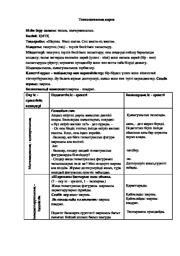 Сахалыы технологическая карта детсад