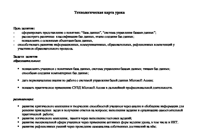 Обложка для материала Технологическая карта урока "Представление об организации баз данных и системах управления базами данных"