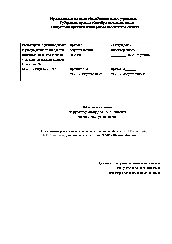 Программа по русскому языку 3 класс.