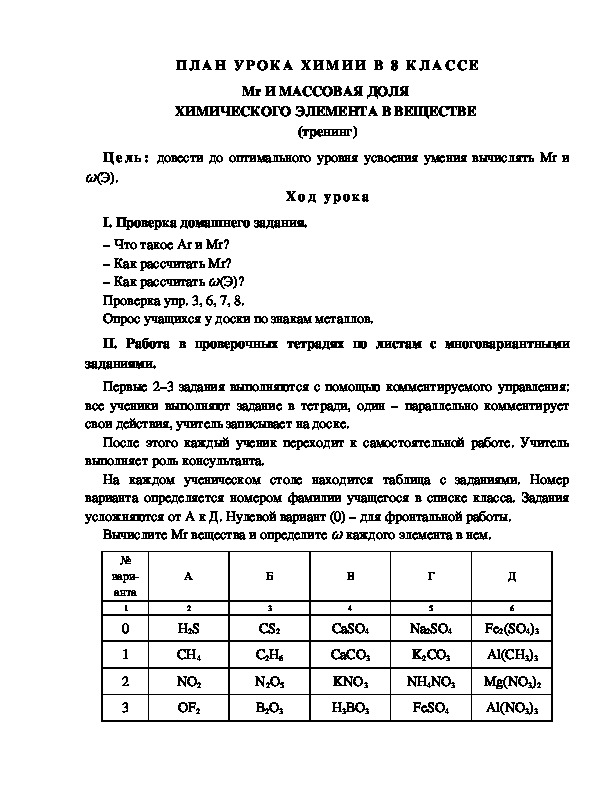 ПЛАН УРОКА ХИМИИ В 8 КЛАССЕ Mr И МАССОВАЯ ДОЛЯ  ХИМИЧЕСКОГО ЭЛЕМЕНТА В ВЕЩЕСТВЕ  (тренинг)