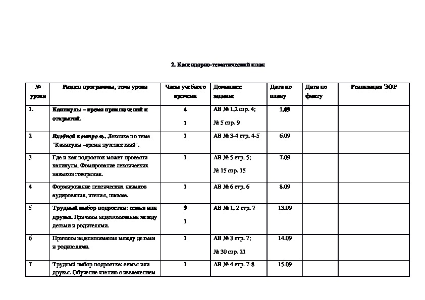 План работы 9 класс