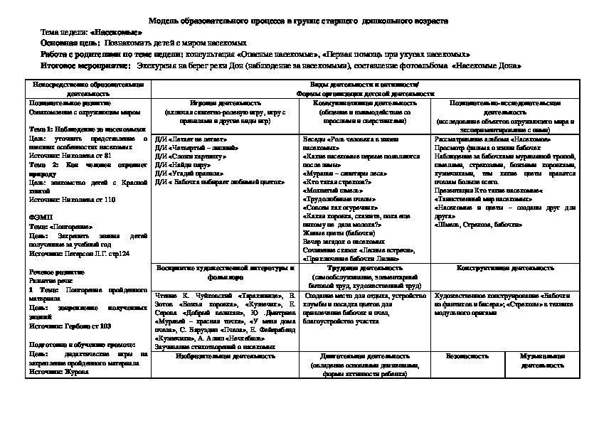 Модель образовательного процесса по теме "Насекомые" в старшей группе