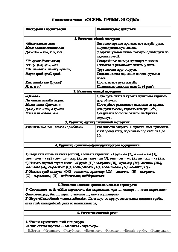 Лексическая тема:  «ОСЕНЬ. ГРИБЫ. ЯГОДЫ»