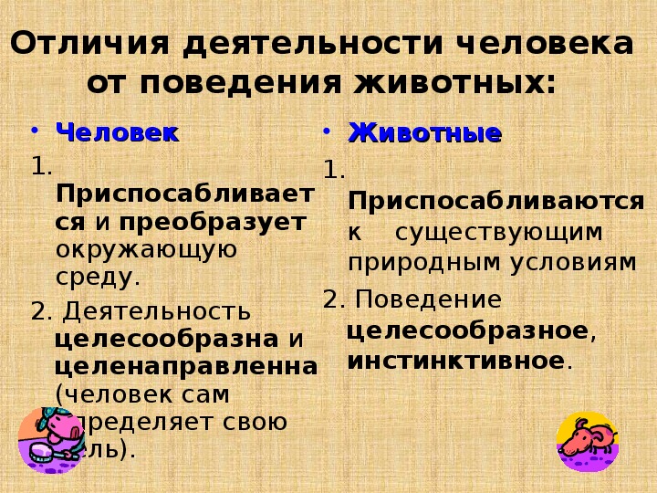 В отличие от поведения животных деятельность. Отличие деятельности человека и поведения животных. Отличия деятельности человека от животного.