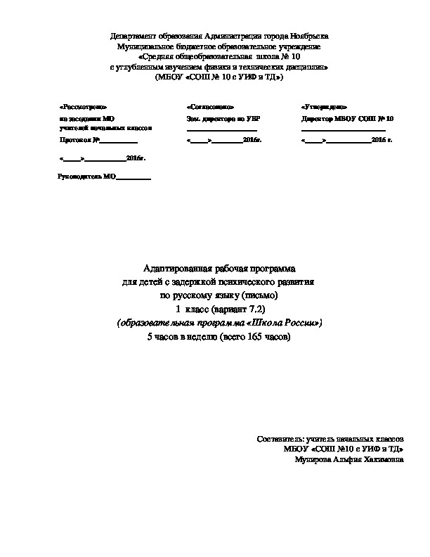 Адаптированная рабочая программа по русскому языку 1 класс для детей ЗПР (вариант 7.2)