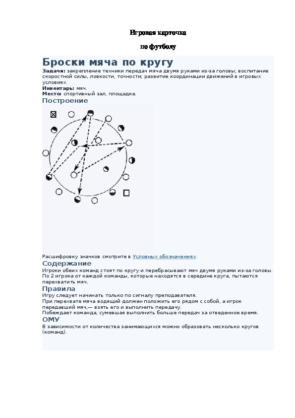 Игровая карточка "Броски мяча по кругу"