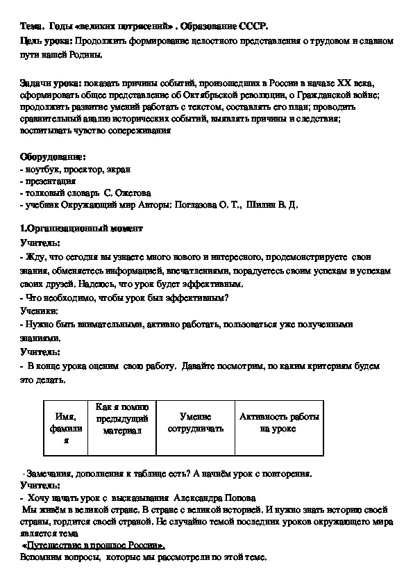 План конспект урока по окружающему миру 4 класс