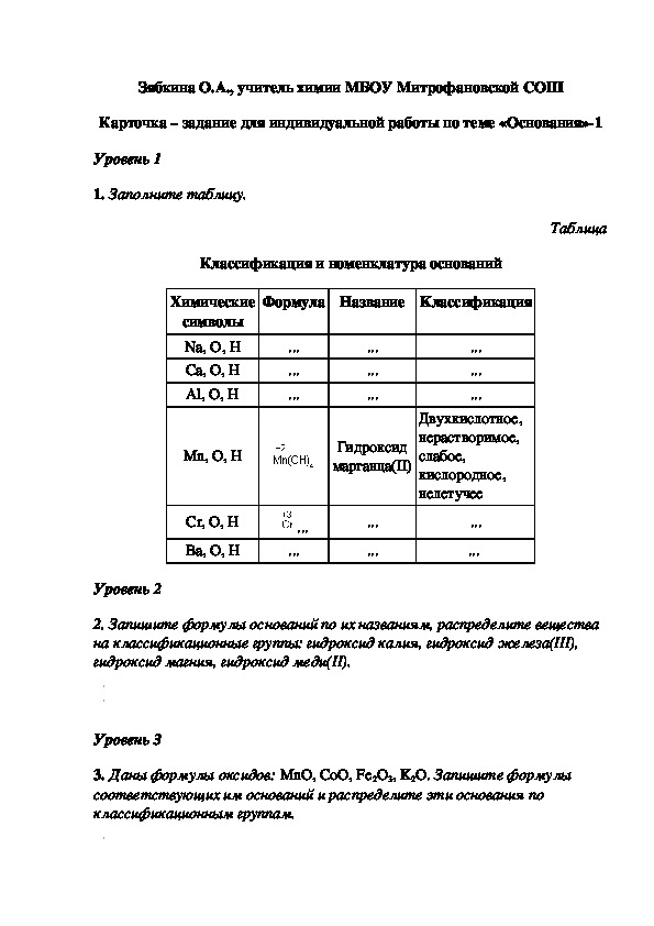 Обложка для материала Карточка – задание для индивидуальной работы по теме «Основания»-1