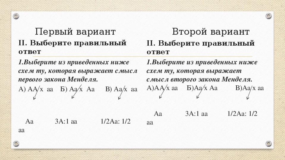 Выберите из приведенных ниже схем ту которая выражает смысл первого закона менделя