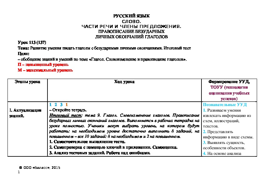 Тема: Развитие умения писать глаголы с безударными личными окончаниями. Итоговый тест