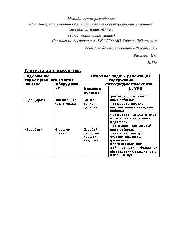 «Календарно-тематическое планирование коррекционно-развивающих занятий на март 2017 г.»  (Тактильная стимуляция)