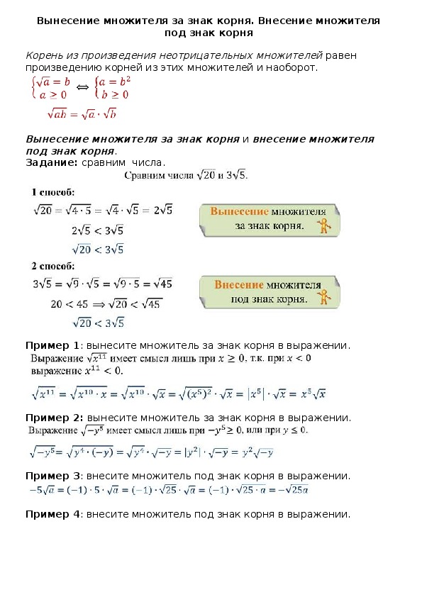 Опорный конспект по алгебре по теме «Вынесение множителя за знак корня. Внесение множителя под знак корня» (8 класс)