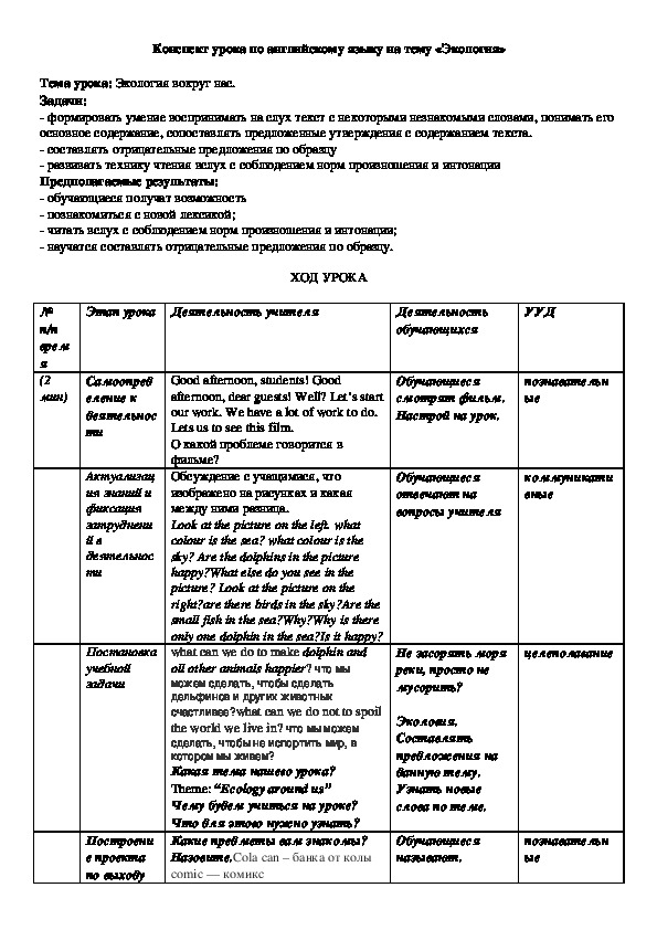 Конспект урока в 4 классе по английскому языку на тему «Экология вокруг нас»