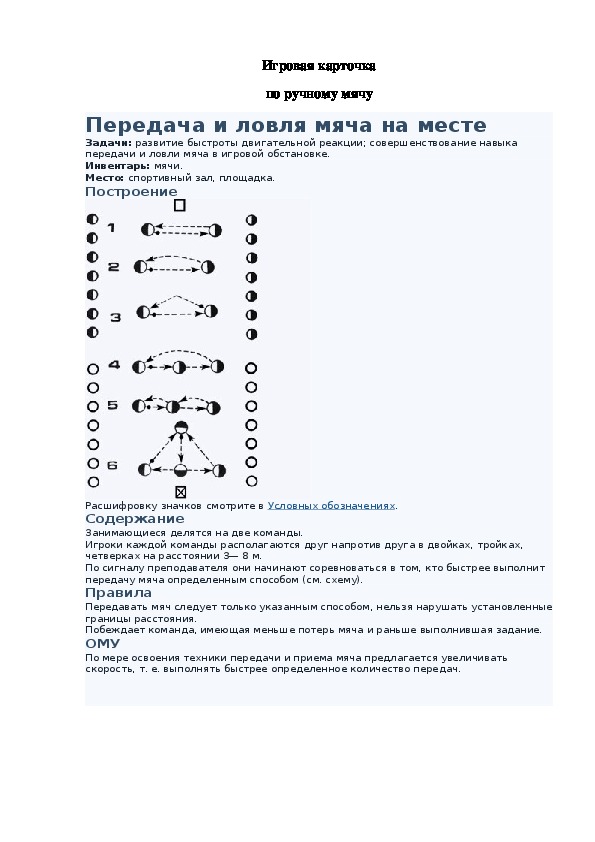 Игровая карточка "Передача и ловля мяча на месте"