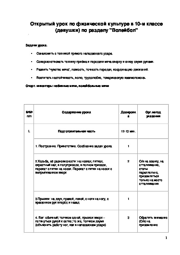 План конспект урока по волейболу для старших классов