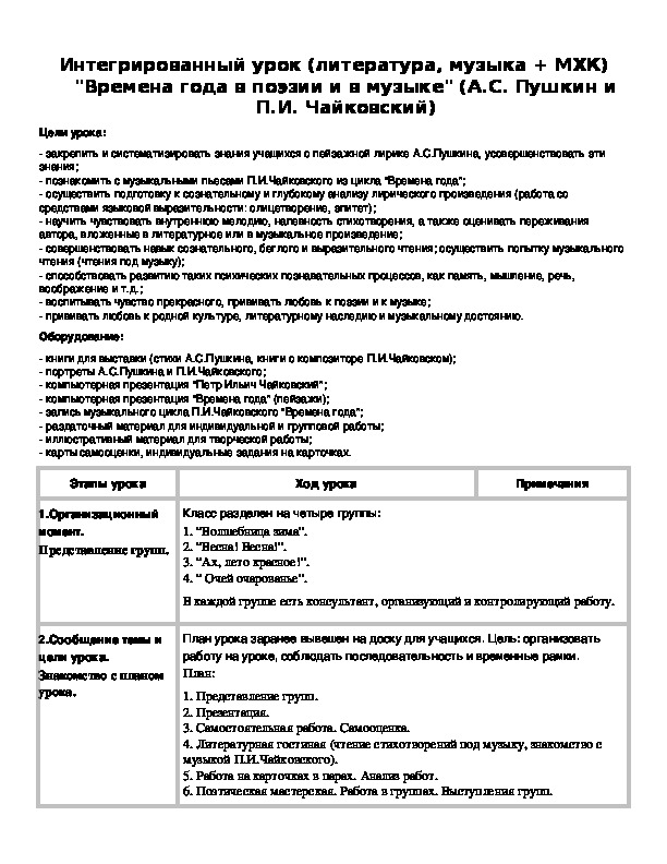 Обложка для материала Интегрированный урок (литература, музыка + МХК) "Времена года в поэзии и в музыке" (А.С. Пушкин и П.И. Чайковский)