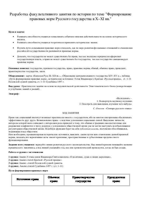 Обложка для материала Разработка факультативного занятия по истории по теме "Формирование правовых норм Русского государства в X–XI вв."