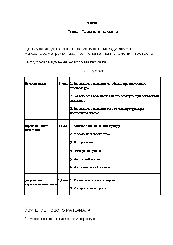 Урок  Тема. Газовые законы