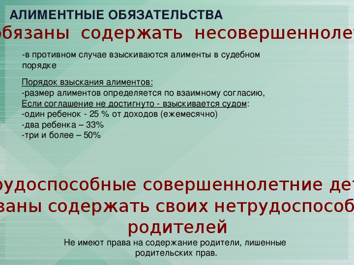 Алиментные обязательства родителей по содержанию несовершеннолетних детей