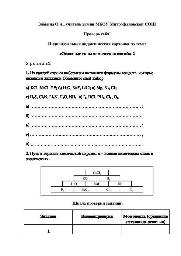 Обложка для материала Проверь себя! Индивидуальная дидактическая карточка по теме: «Основные типы химических связей»-2