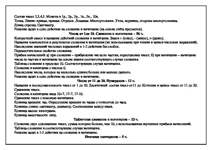 Рабочая программа по математике 1 класс УМК "Школа России"