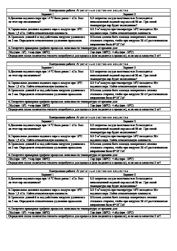 Обложка для материала Контрольная работа "Агрегатные состояния" 10 класс