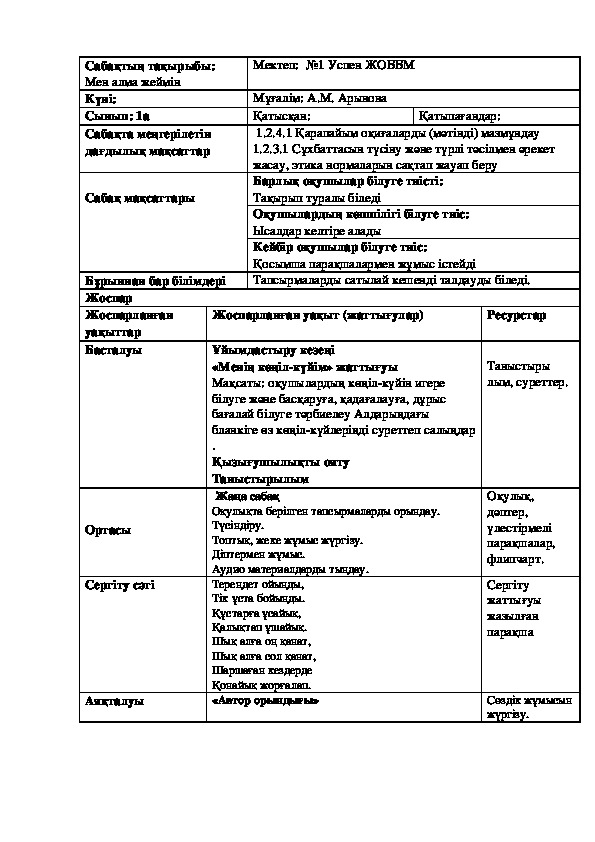 План урока по казахскому языку "Мен алма жеймін"  (1-класс, казахский язык)