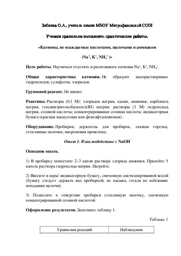 Обложка для материала Учимся правильно выполнять практические работы.  «Катионы, не осаждаемые кислотами, щелочами и аммиаком (Na+, K+, NH4+ )»