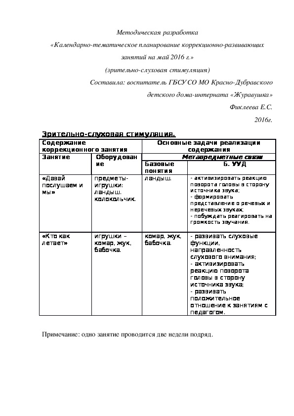 Методическая разработка «Календарно-тематическое планирование коррекционно-развивающих занятий на май 2016 г.» (зрительно-слуховая стимуляция)