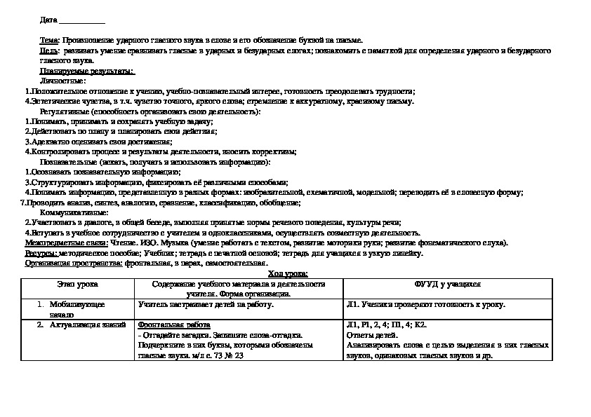 Конспект урока по русскому языку "Произношение ударного гласного звука в слове и его обозначение буквой на письме"(1 класс)