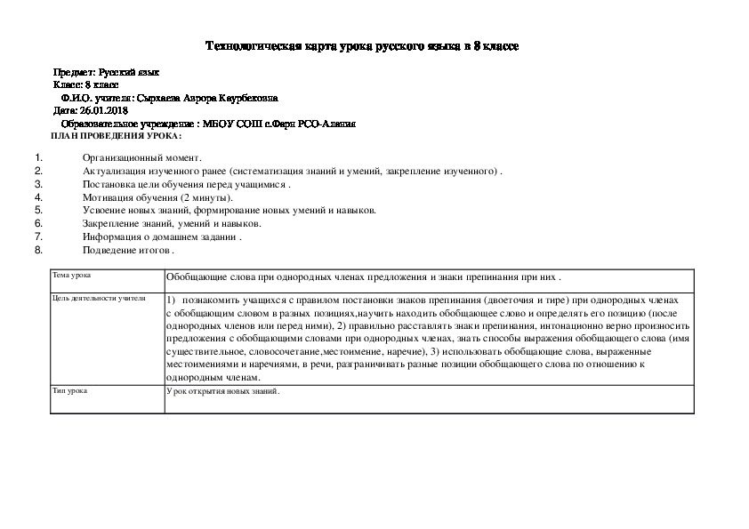 Технологическая карта урока по русскому языку 4 класс однородные члены предложения