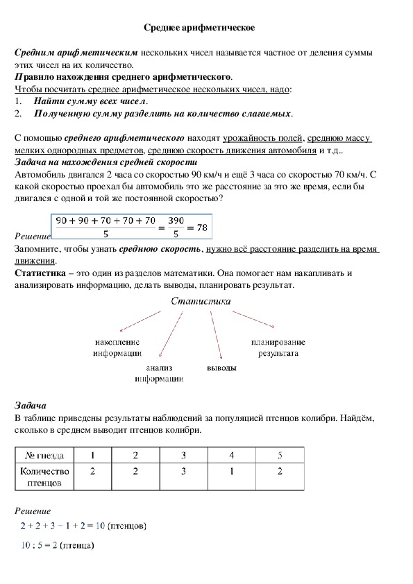 Опорный конспект по математике по теме «Среднее арифметическое» (5 класс)