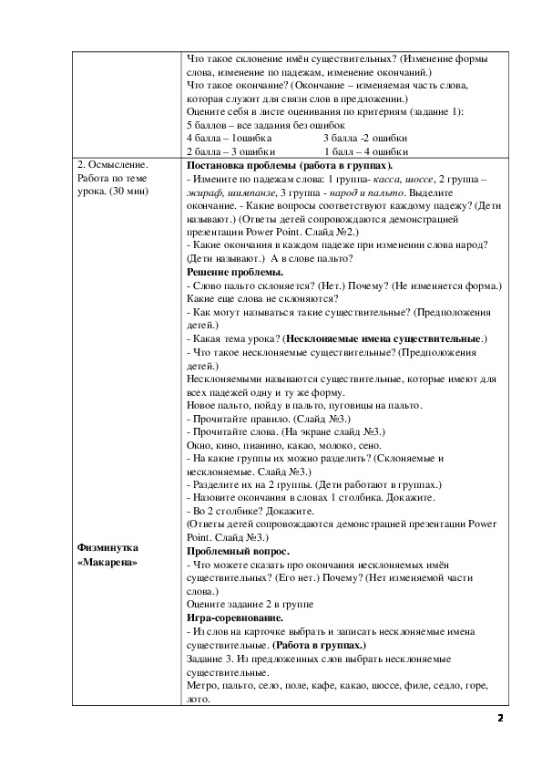 Разработка урока по русскому языку на тему "Неизменяемые имена существительные" (4 класс)