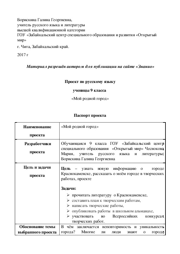 Обложка для материала Проект по русскому языку "Мой родной город"