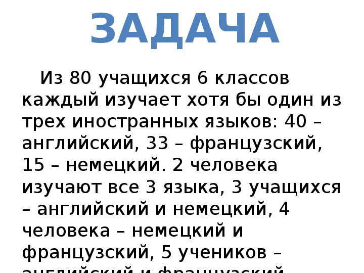 30 учащихся. Задача каждый учащийся в классе изучает английский или французский. Из 36 учащихся класса каждый изучает. Каждый ученик класса изучает английский немецкий или оба языка. Каждый ученик в классе знает хотя бы один иностранный язык.