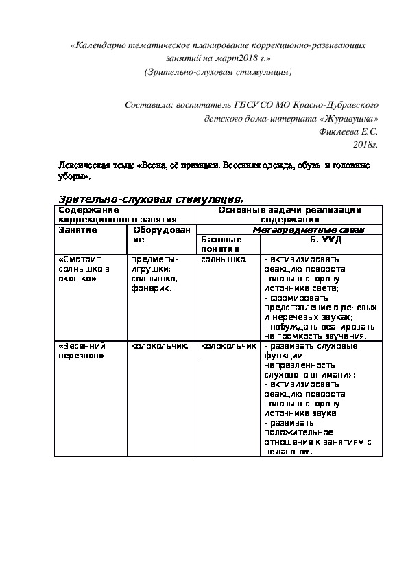 «Календарно¬ тематическое планирование коррекционно¬-развивающих занятий на март2018 г.» (Зрительно-слуховая стимуляция)