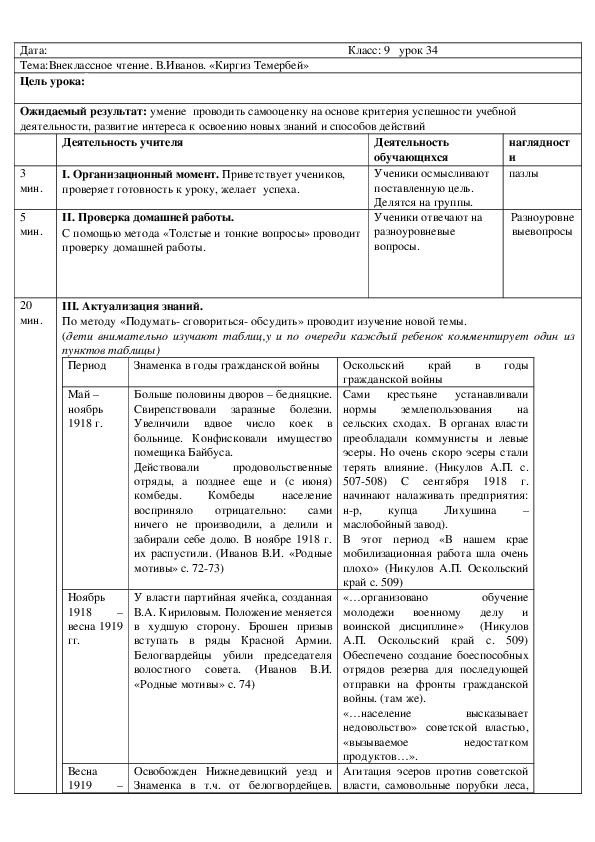 Тема: Внеклассное чтение. В.Иванов. «Киргиз Темербей»