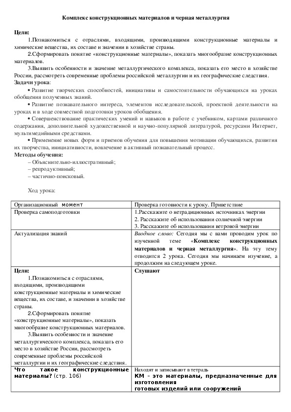 Конспект урока географии в 9 классе по теме "Комплекс конструкционных материалов и черная металлургия"