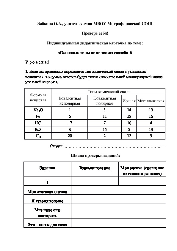Обложка для материала Проверь себя! Индивидуальная дидактическая карточка по теме: «Основные типы химических связей»-3
