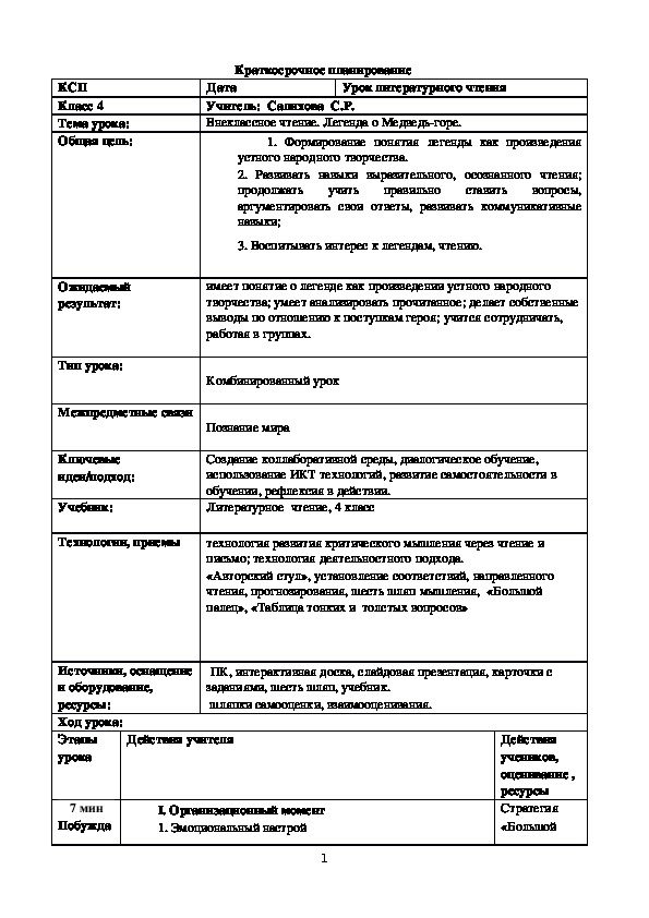 Внеклассное чтение. Легенда о Медведь-горе.