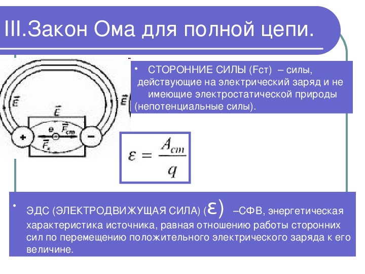 Закон ома для полной цепи тока. Сторонние силы в электрической цепи. Электродвижущая сила закон Ома. Закон Ома для полной. Сторонние силы ЭДС.