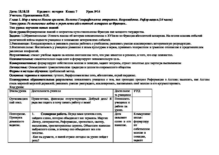 План уроков по истории 7 класс