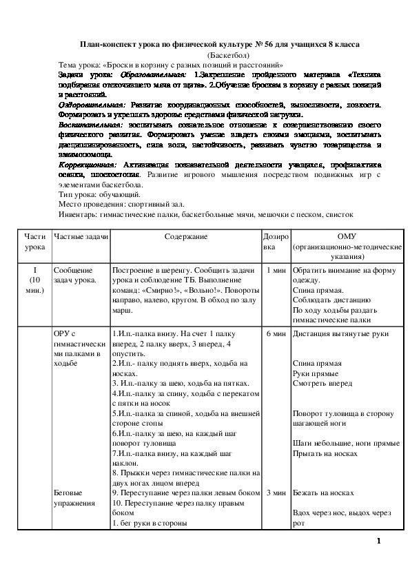 Обложка для материала ﻿ План конспект урока "Броски в корзину с разных позиций и расстояний" 8 класс