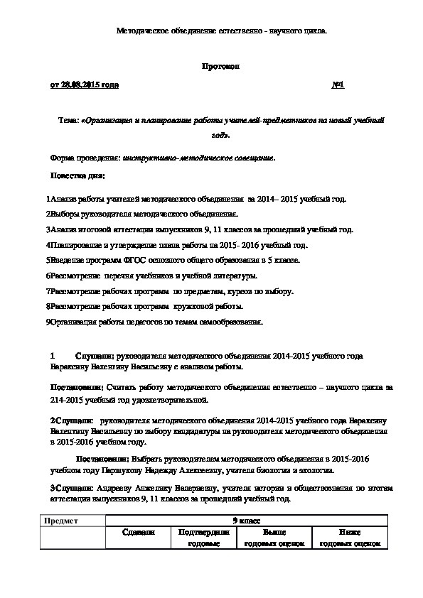 Обложка для материала Протокол Тема: «Организация и планирование работы учителей-предметников на новый учебный год».