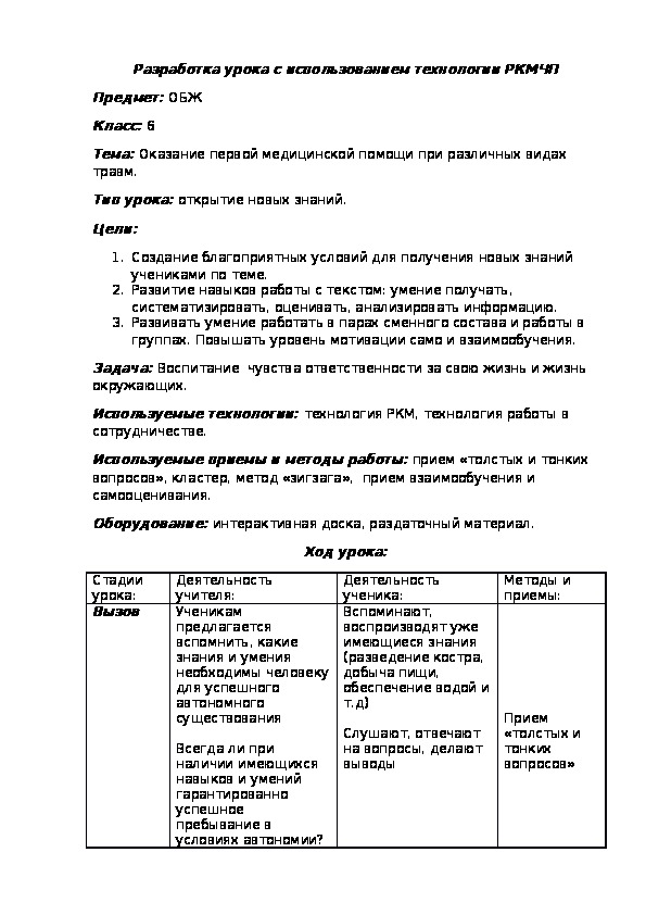 Технологическая карта урока "Оказание первой помощи"