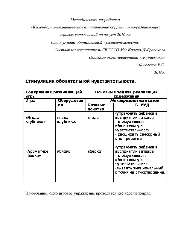 Методическая разработка «Календарно-тематическое планирование коррекционно-развивающих игровых упражнений на август 2016 г.» (стимуляция обонятельной чувствительности)