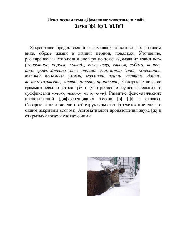 Лексическая тема «Домашние животные зимой».  Звуки [ф], [ф'], [в], [в']